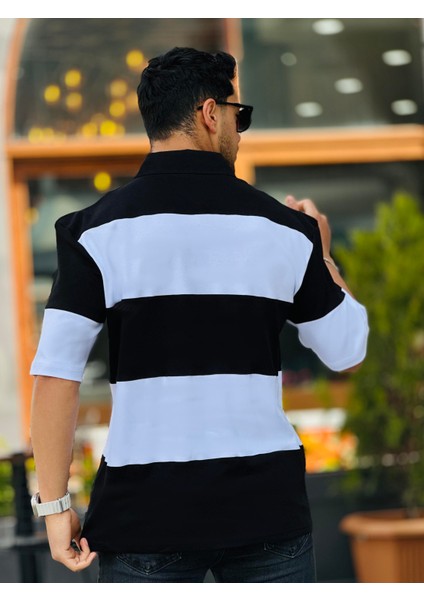 Siyah Beyaz Polo Yaka Blok Parçalı Oversize Tişört fırsatları
