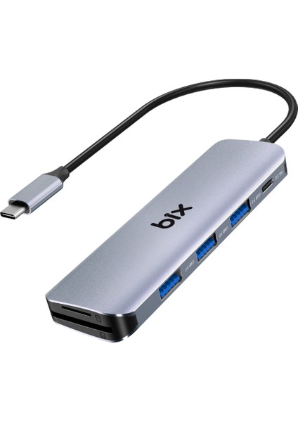 BX08HB 6in1 Type-C Hub 3x USB 3.0, Micro SD / SD, PD Şarj Macbook Uyumlu Çoklayıcı Adaptör