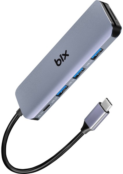 BX08HB 6in1 Type-C Hub 3x USB 3.0, Micro SD / SD, PD Şarj Macbook Uyumlu Çoklayıcı Adaptör