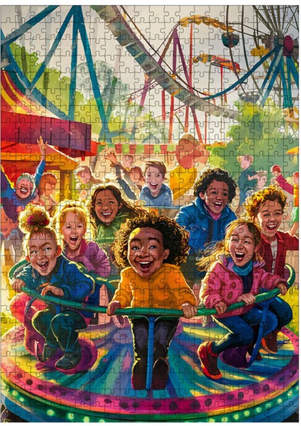 Ahşap Mdf Puzzle Yapboz Lunaparkta Oynayan Çocuklar 500 Parça 50*70 cm