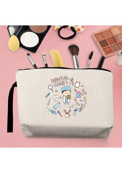 4TEETH005 Tarzı Moda Tek Ürün Kadın Makyaj Saklama Çantası Kanvas Karikatür Diş Desen Baskılı Kemer Fermuar Bej Bozuk Para Cüzdanı Kalem Kutusu (Yurt Dışından)