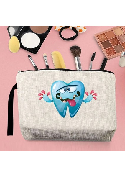 4TEETH005 Tarzı Moda Tek Ürün Kadın Makyaj Saklama Çantası Kanvas Karikatür Diş Desen Baskılı Kemer Fermuar Bej Bozuk Para Cüzdanı Kalem Kutusu (Yurt Dışından) indirimleri