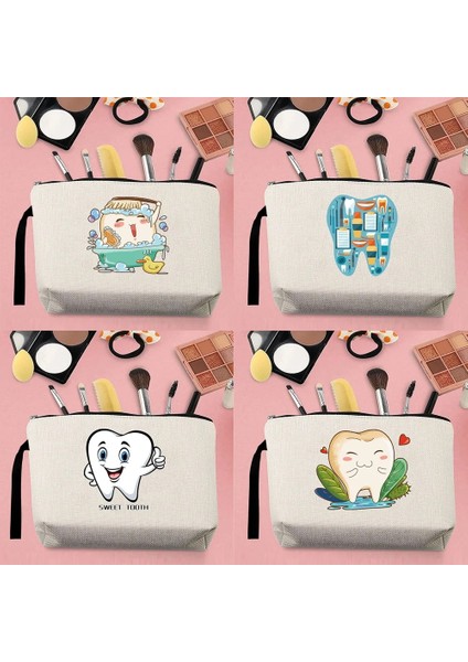 4TEETH010 Tarzı Moda Tek Ürün Kadın Makyaj Saklama Çantası Kanvas Karikatür Diş Desen Baskılı Kemer Fermuar Bej Bozuk Para Cüzdanı Kalem Kutusu (Yurt Dışından) modelleri