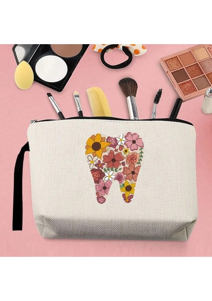 4TEETH010 Tarzı Moda Tek Ürün Kadın Makyaj Saklama Çantası Kanvas Karikatür Diş Desen Baskılı Kemer Fermuar Bej Bozuk Para Cüzdanı Kalem Kutusu (Yurt Dışından) fırsatları
