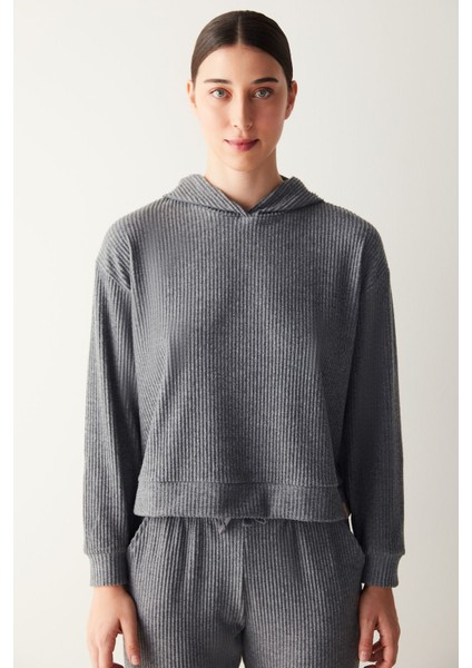 Antrasit Kapşonlu Fitilli Yumuşak Sweatshirt
