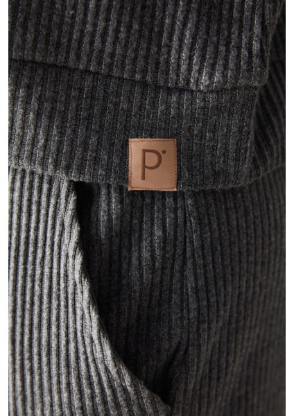 Antrasit Kapşonlu Fitilli Yumuşak Sweatshirt