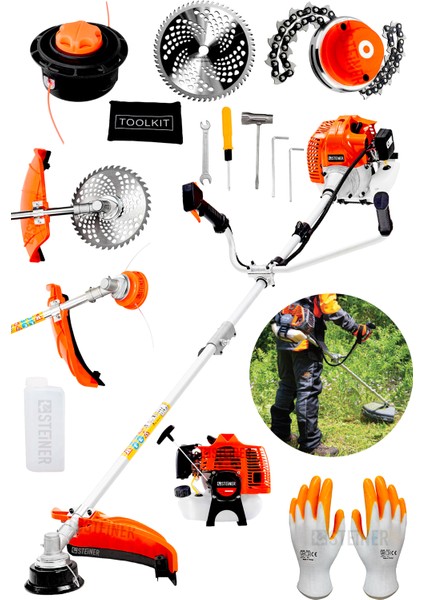 Alman 16 Hp Tam Profesyonel Yan Tipi Benzinli Tırpan Ot Çalı Çim Biçme Makinesi + Canavar Başlık