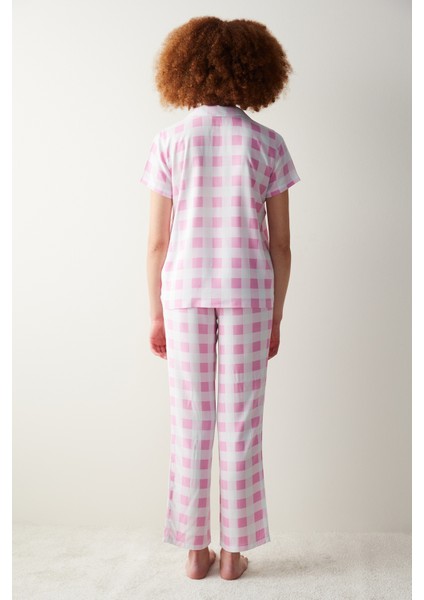 Gingham Pembe Gömlek Pantolon Pijama Takımı