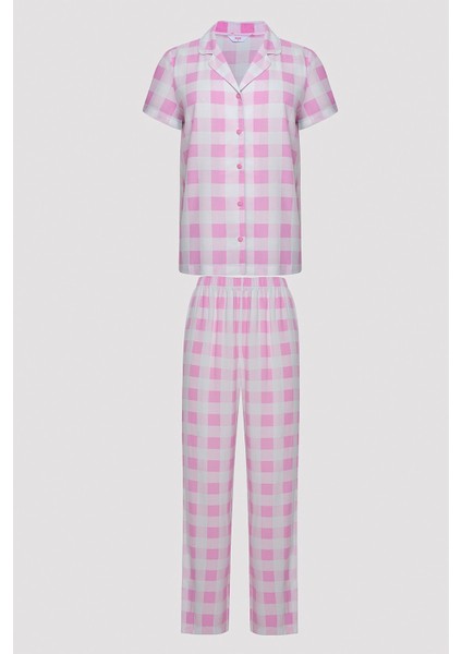 Gingham Pembe Gömlek Pantolon Pijama Takımı
