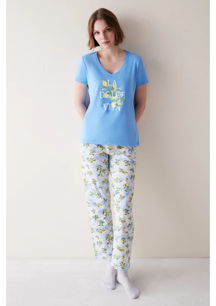 Lemon Mavi Pantolon Pijama Takımı