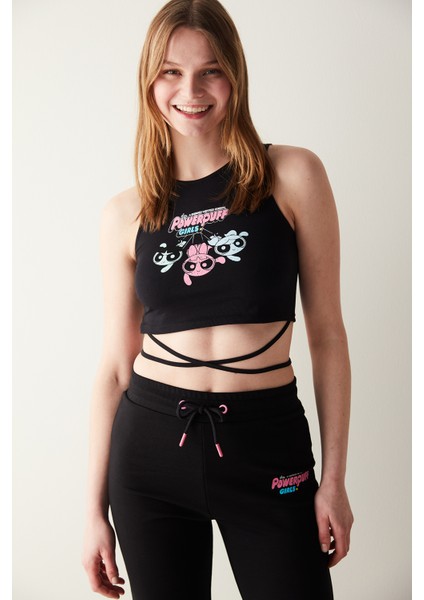 Siyah Baskılı Bağlamalı Crop Top