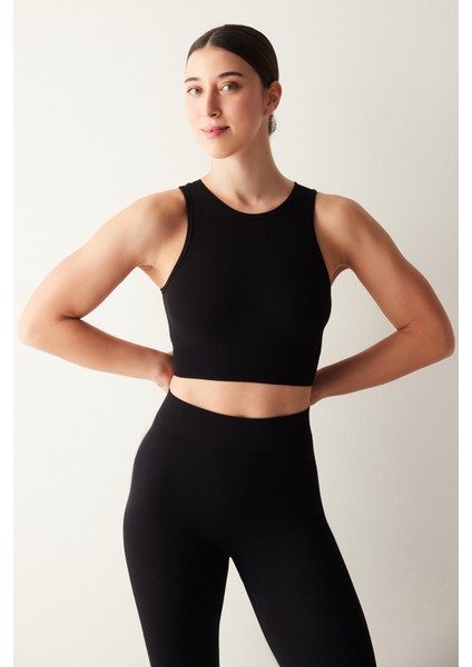 Siyah Halter Yaka Seamless Crop Top