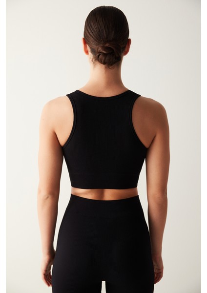 Siyah Halter Yaka Seamless Crop Top