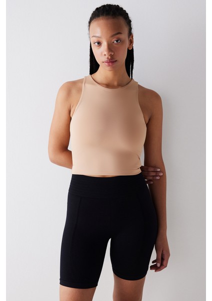 Halter Yaka Bej Crop Üst