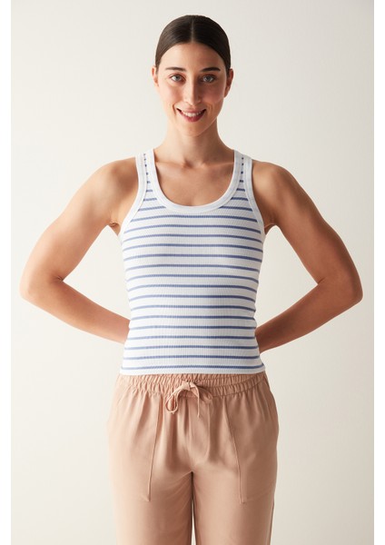 Mavi Çizgili Slim Fit Fitilli Atlet