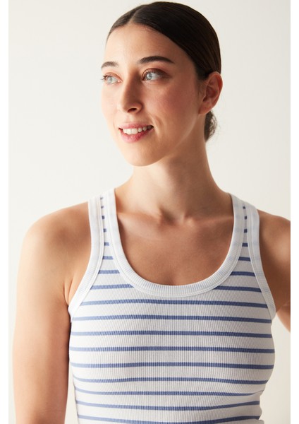 Mavi Çizgili Slim Fit Fitilli Atlet fiyatları