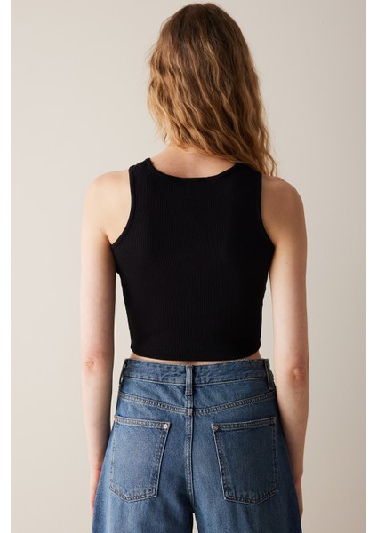 Asimetrik Yaka Siyah Kısa Üst fırsatları