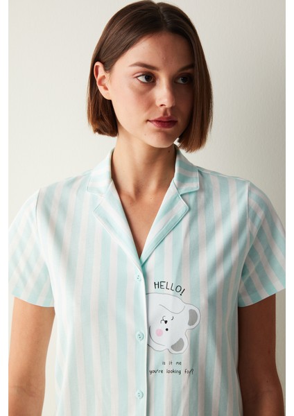 Cuteness Çizgili Mint Yeşili Gömlek Pantolon Pijama Takımı modelleri