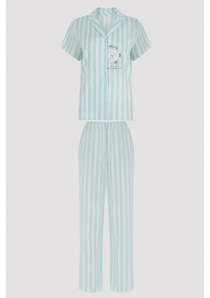 Cuteness Çizgili Mint Yeşili Gömlek Pantolon Pijama Takımı