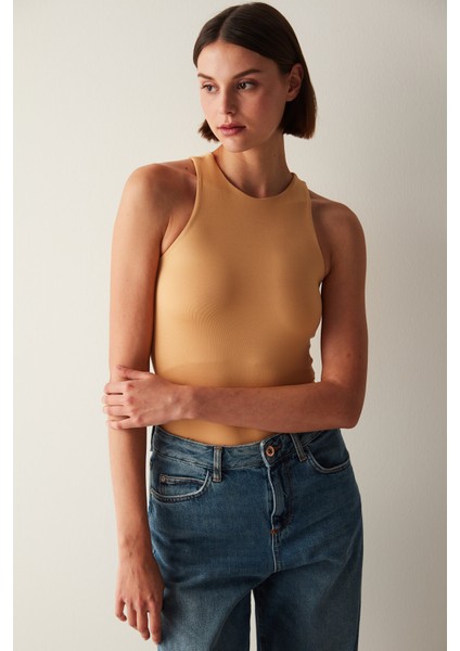 Açık Kahverengi Halter Yaka Çıtçıtlı Body