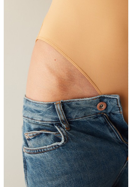 Açık Kahverengi Halter Yaka Çıtçıtlı Body