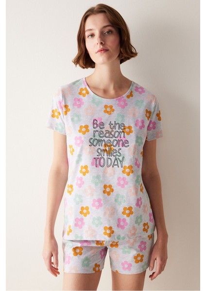 Smile Gri Şortlu Pijama Takımı