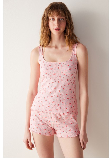 Cherries Pointel Pembe Şortlu Pijama Takımı