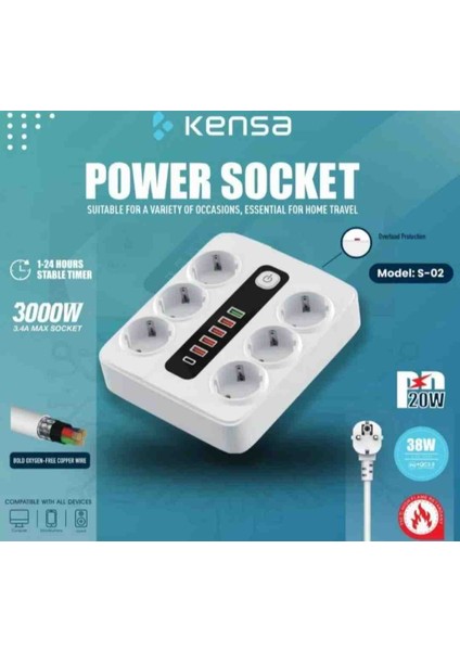 Power Socket 6'lı Priz/ 1 Type-C Giriş / 5 USB Giriş 3000W