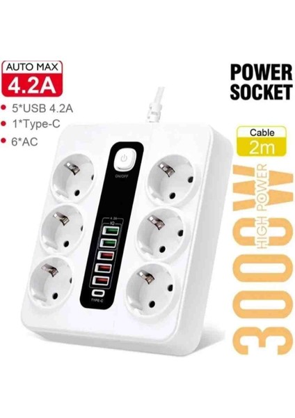 Power Socket 6'lı Priz/ 1 Type-C Giriş / 5 USB Giriş 3000W