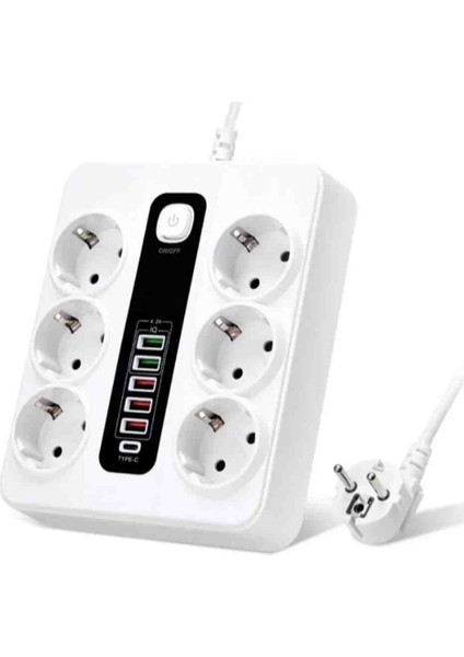 Power Socket 6'lı Priz/ 1 Type-C Giriş / 5 USB Giriş 3000W