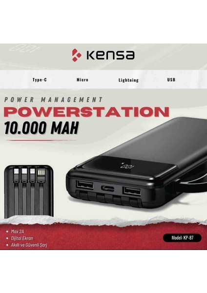 KP-87 Kendinden Kablolu 10.000 Mah Powerbank