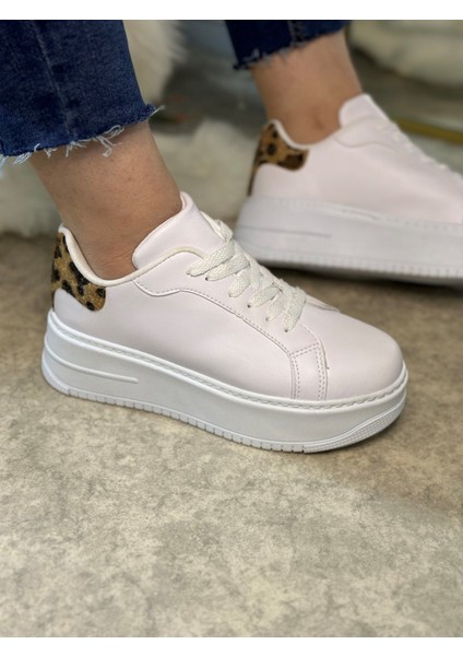 Imershoes Günlük Kadın Sneaker Bağcıklı Hafif Kalın Yüksek Tabanlı Leopar Detaylı Yürüyüş Spor Ayakkabı 065