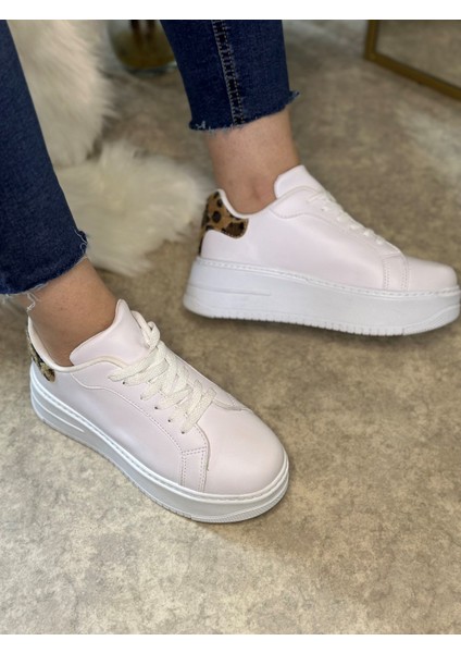 Imershoes Günlük Kadın Sneaker Bağcıklı Hafif Kalın Yüksek Tabanlı Leopar Detaylı Yürüyüş Spor Ayakkabı 065