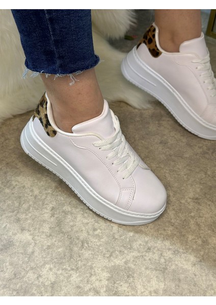 Imershoes Günlük Kadın Sneaker Bağcıklı Hafif Kalın Yüksek Tabanlı Leopar Detaylı Yürüyüş Spor Ayakkabı 065