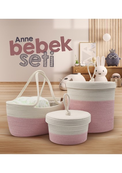 Jasper Jüt Ip Hasır Pembe Anne Bebek Bakım Çantası Anne Bebek Set Organizeri