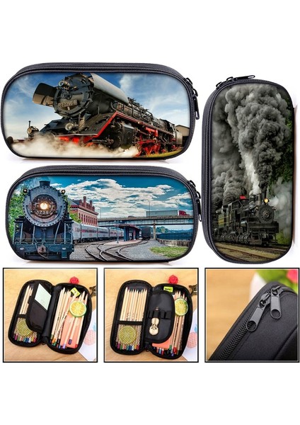 QBBHUOCHETOU16 Tarzı Vintage Buharlı Tren Lokomotif Kozmetik Kutuları Kalem Çantası Erkek Kız Okul Çantası Çocuklar Kalem Kutusu Çocuk Kırtasiye Çantası (Yurt Dışından)