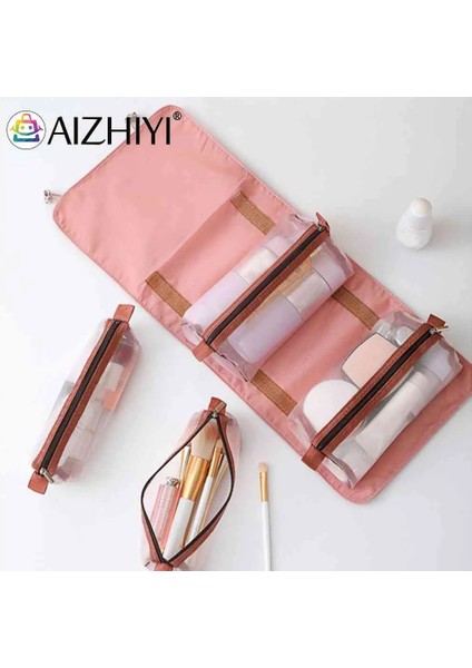 Pembe Tarzı 4 In1 Kozmetik Makyaj Çantası Naylon Örgü Ayrılabilir Tuvalet Organizatör Çantası Çok Fonksiyonlu Büyük Kapasiteli Kadın Yaz Seyahat Için (Yurt Dışından) modelleri