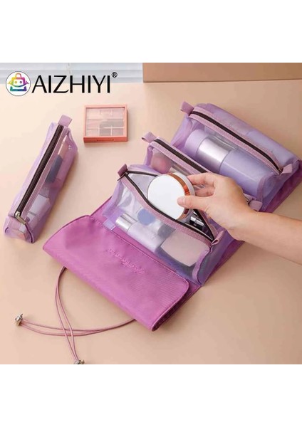 Pembe Tarzı 4 In1 Kozmetik Makyaj Çantası Naylon Örgü Ayrılabilir Tuvalet Organizatör Çantası Çok Fonksiyonlu Büyük Kapasiteli Kadın Yaz Seyahat Için (Yurt Dışından) fırsatları