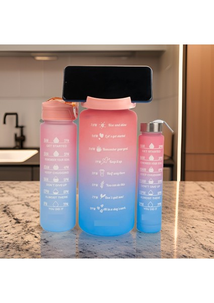 3’lü Motivasyonel Su Matarası, 2 Litre 750 ml 300 ml Bpa Içermez Suluk (Pipetli ve Stickerlı)