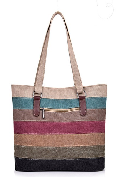 Kanvas Çanta Çok Renkli Çizgili Ekose Çapraz Askılı Çanta Kahve (Yurt Dışından)