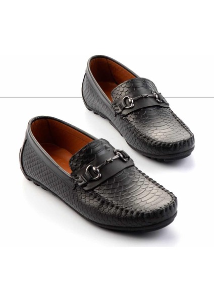 Siyah Yılan Hakiki Deri Erkek Loafer Ayakkabı E01378000407