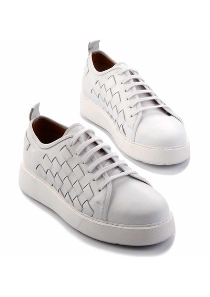 Beyaz Örgü Hakiki Deri Erkek Sneaker E01310111741