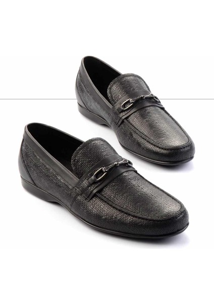 Siyah Baskılı Hakiki Deri Erkek Loafer Ayakkabı E01757267903