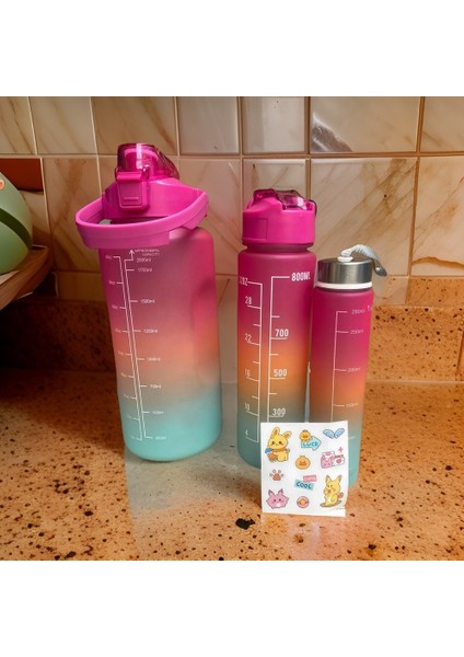 3’lü Motivasyonel Su Matarası, 2 Litre 750 ml 300 ml Bpa Içermez Suluk (Pipetli ve Stickerlı)