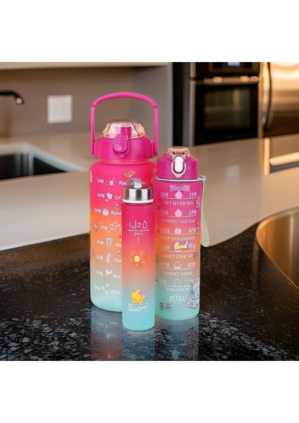 3’lü Motivasyonel Su Matarası, 2 Litre 750 ml 300 ml Bpa Içermez Suluk (Pipetli ve Stickerlı) fiyatları