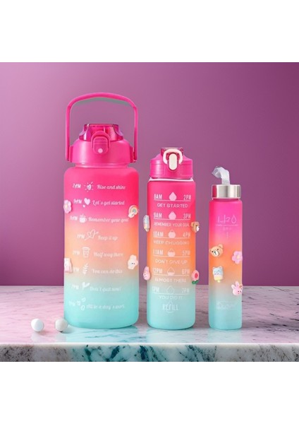 3’lü Motivasyonel Su Matarası, 2 Litre 750 ml 300 ml Bpa Içermez Suluk (Pipetli ve Stickerlı) modelleri
