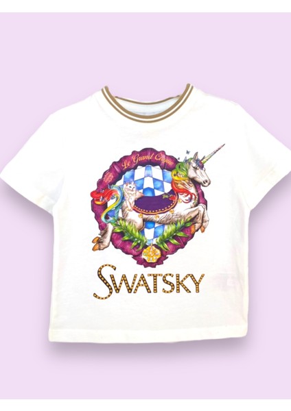 Kız Çocuk Regular Fit Bisiklet Yaka Unicorn Baskılı Ekru Desenli Tişört