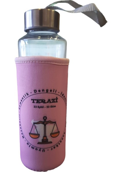 Pembe Terazi Burcu Kılıflı Cam Matara 400ML