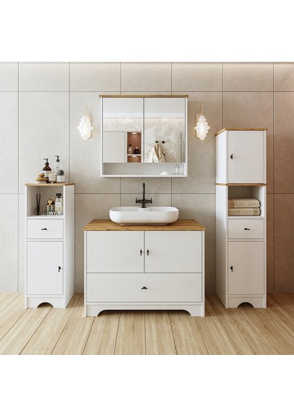 Oval Lavabolu Mat Beyaz Mdf 100 cm Çekmeceli Banyo Dolabı + Aynalı Üst Dolabı + 2 Adet Boy Dolabı
