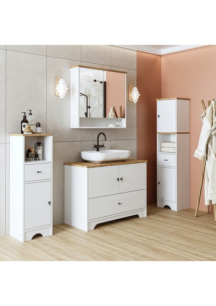 Oval Lavabolu Mat Beyaz Mdf 100 cm Çekmeceli Banyo Dolabı + Aynalı Üst Dolabı + 2 Adet Boy Dolabı indirimleri